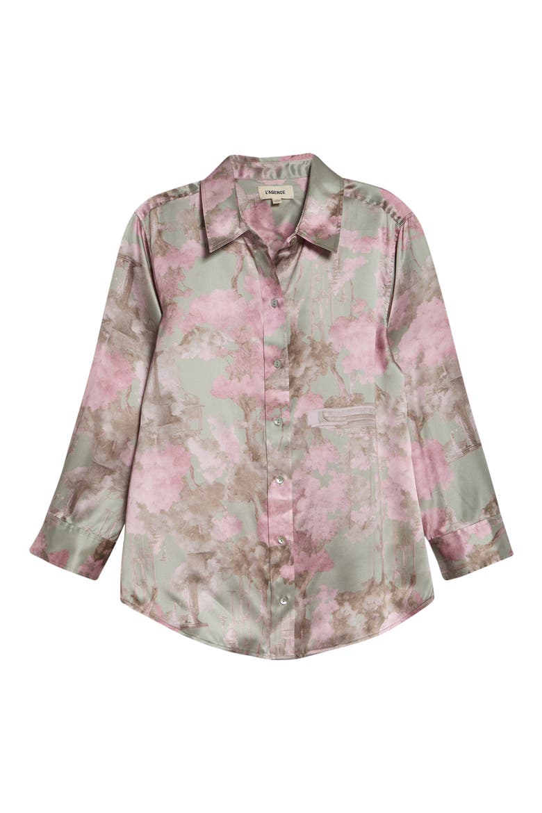 Dani Floral Three-Quarter Sleeve Silk Button-Up Shirt, Alternate, color, LIGHT STONE GREY MULTI GARDEN