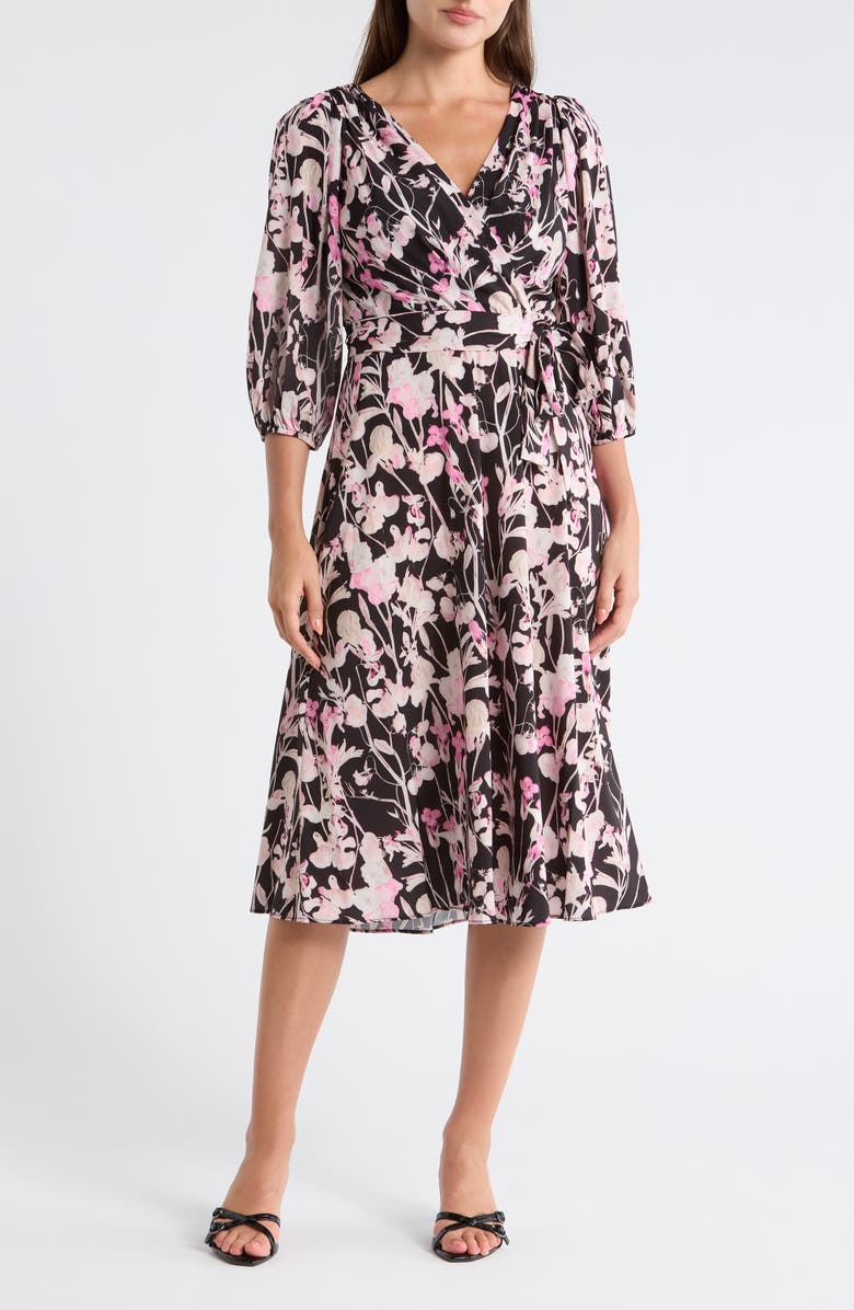 DKNY Floral Balloon Sleeve Faux Wrap Dress, Main, color, Sweetest Of Peas- Black Multi