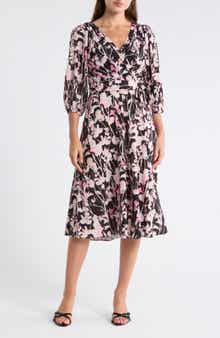 DKNY Floral Balloon Sleeve Faux Wrap Dress