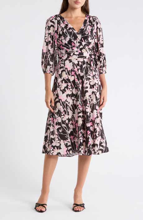 DKNY Floral Balloon Sleeve Faux Wrap Dress