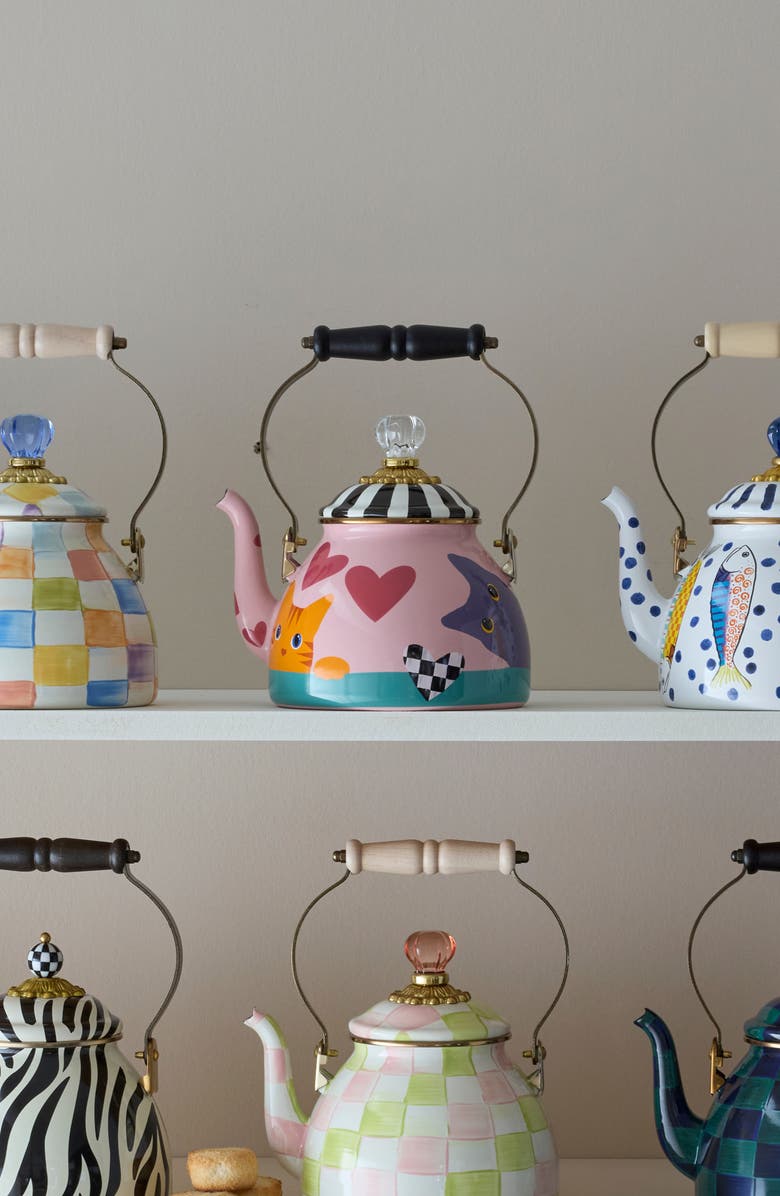 MACKENZIE CHILDS Cat Love Enameled Steel 2-Quart Tea Kettle, Alternate, color, Pink