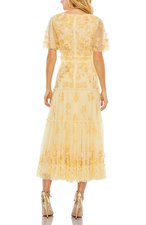 Mac Duggal Floral Beaded Embellished Flutter Sleeve Tiered Dress In Butter