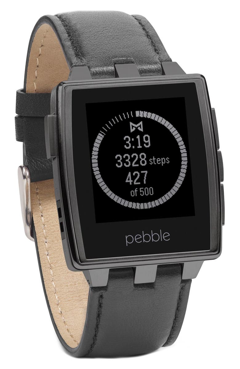 Pebble Rectangular Leather Strap Smart Watch, 43mm, Alternate, color, 