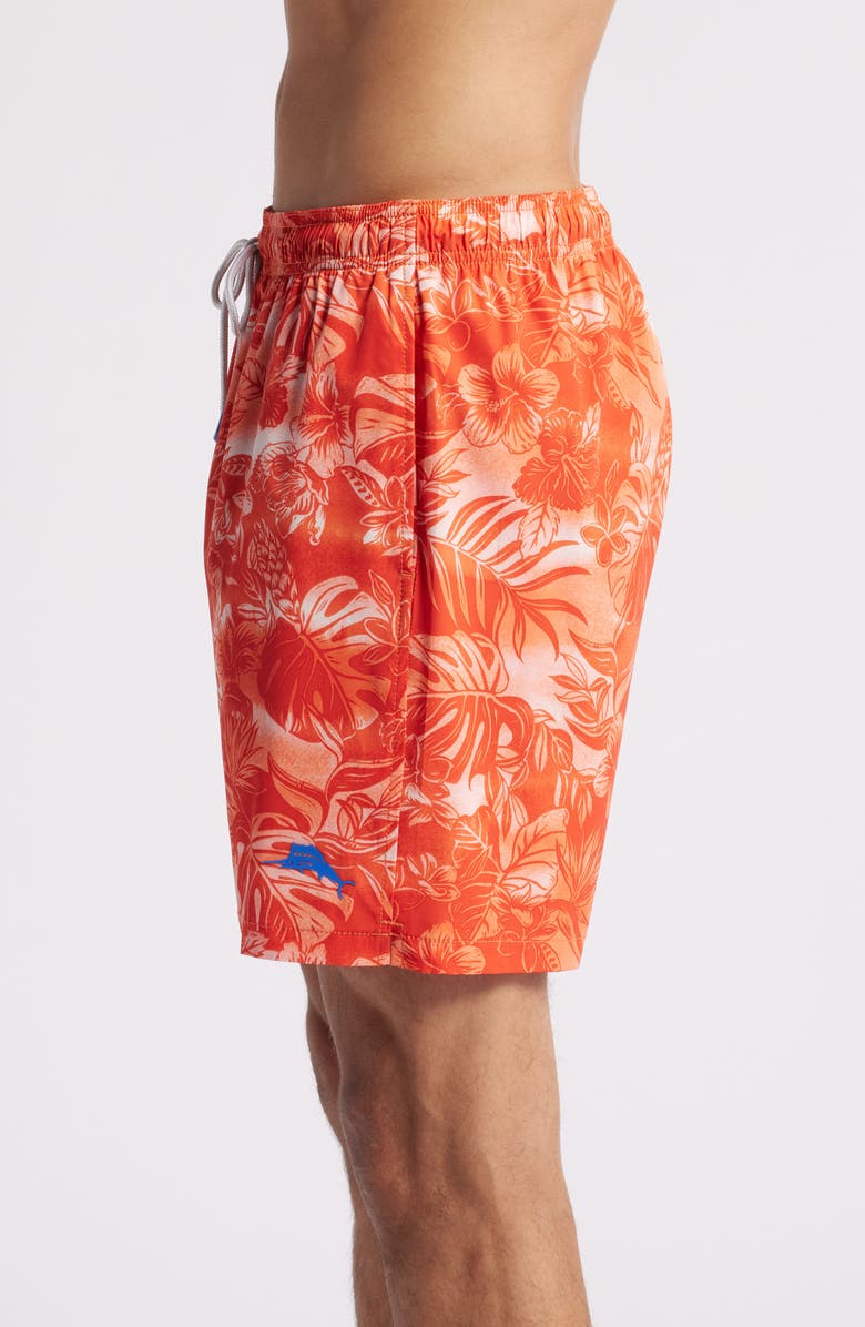 Tommy Bahama Naples Ocean Escape Floral Performance Swim Trunks, Alternate, color, Orange Candy