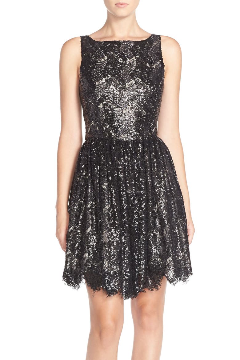 BB Dakota 'Sabrina' Sequin Fit & Flare Dress, Main, color, BLACK
