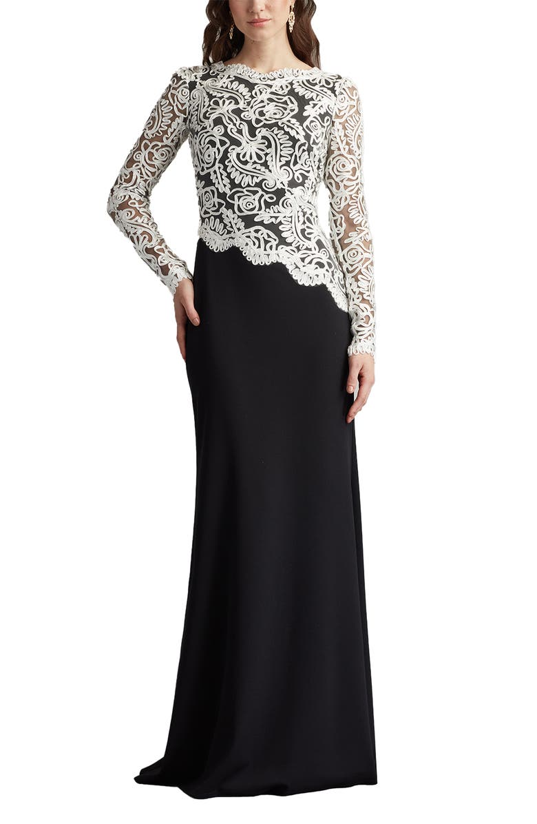 Tadashi Shoji Lace Scroll Crepe Gown, Main, color, Black/ Ivory
