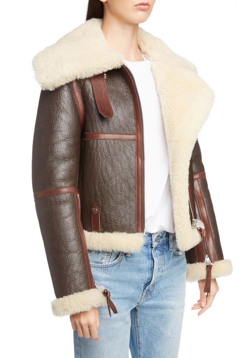 Leather Jacket with Genuine Shearling Trim, Alternate, color, DARK/BROWN BEIGE