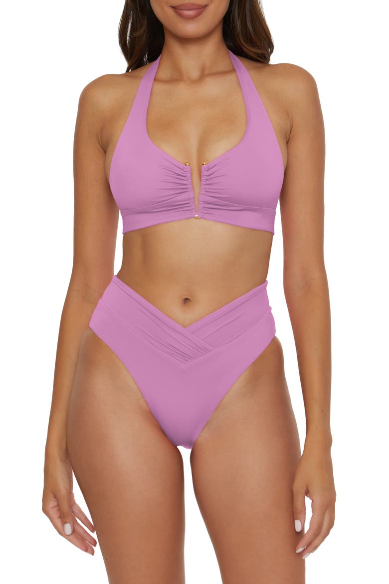 Shirred V-Wire Halter Bikini Top, Alternate, color, MALVA