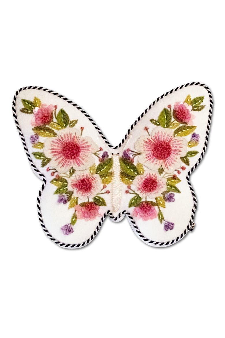 Butterfly Shaped Floral Appliqué Throw Pillow, Main, color, WHITE