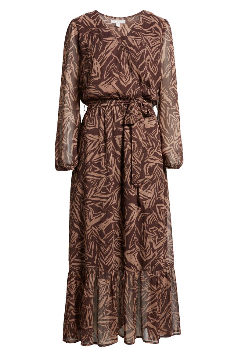 Long Sleeve Faux Wrap Dress, Alternate, color, BROWN- TAN
