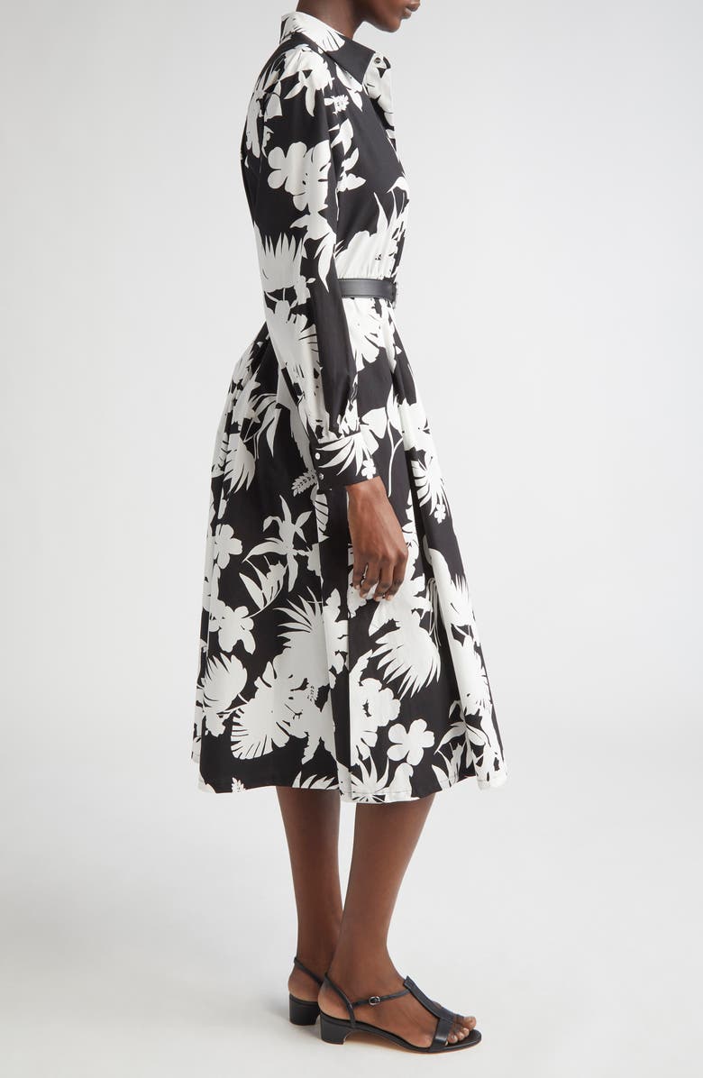 Max Mara Floral Silhouette Print Long Sleeve Cotton Poplin Midi Shirtdress, Alternate, color, Black