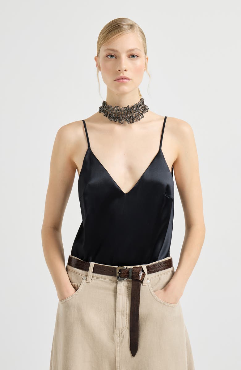 Brunello Cucinelli Stretch silk satin camisole, Alternate, color, Black