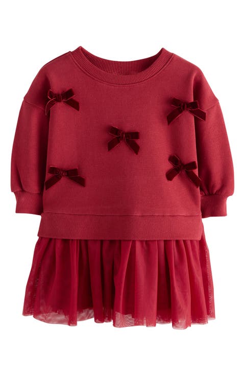 Kids' Velvet Bow Long Sleeve Sweatshirt Party Dress (Little Kid)