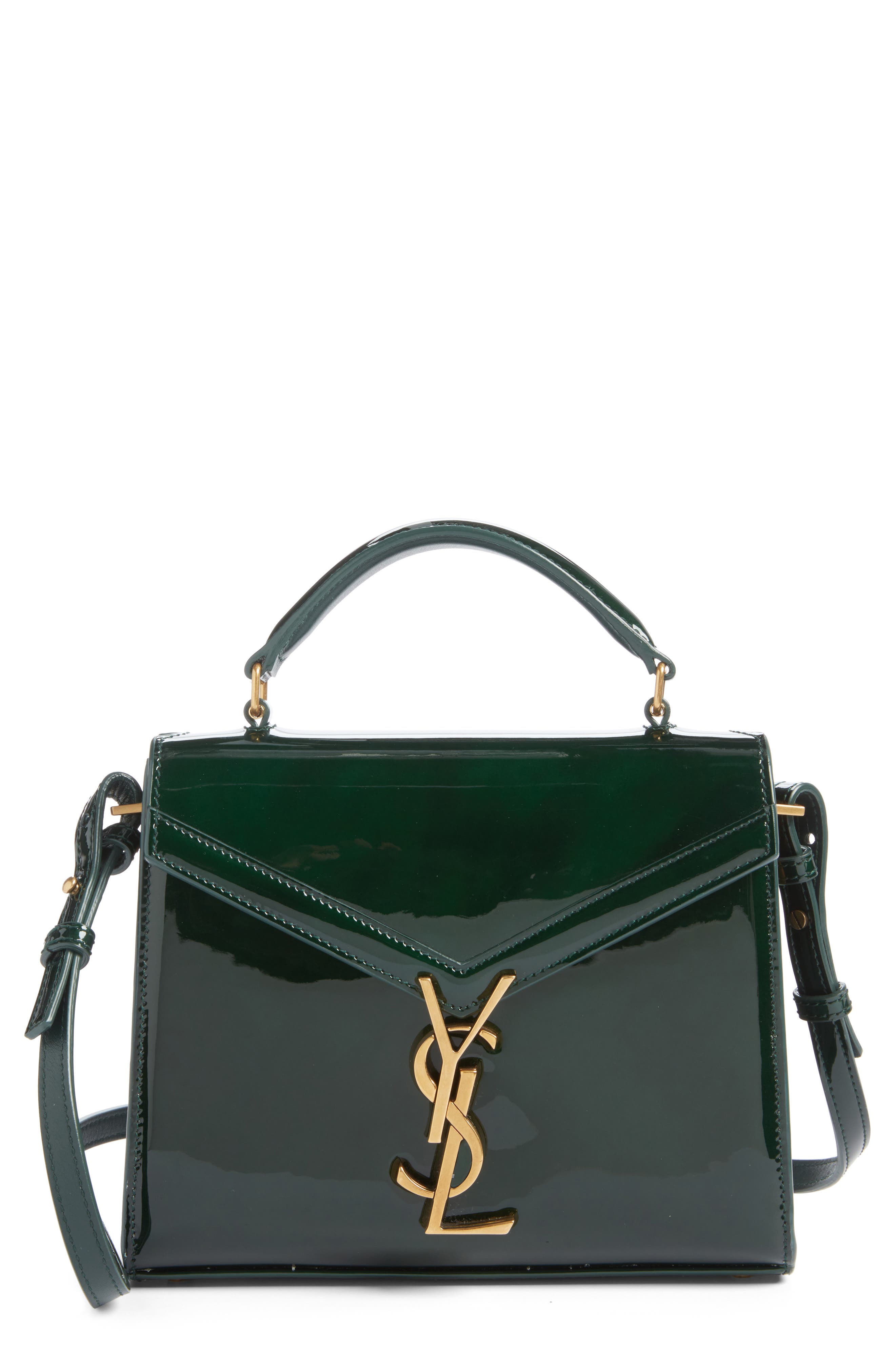 Saint Laurent Mini Cassandra Patent Leather Top Handle Bag, Main, color, Fir Leaf