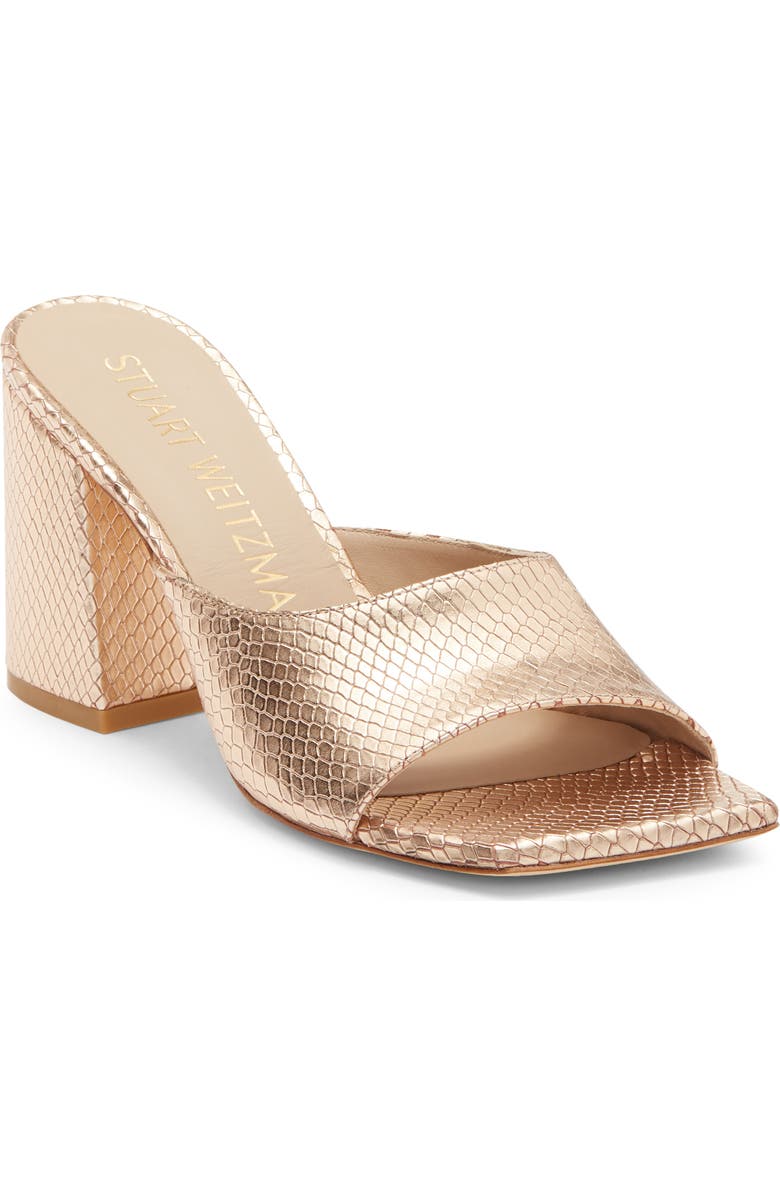 Stuart Weitzman Tia 85 Snakeskin Embossed Flare Block Sandal, Main, color, Ballet