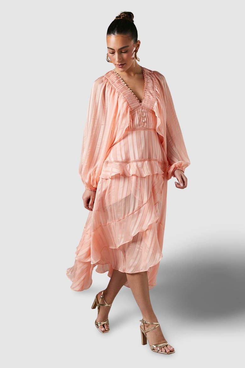 Blouson Sleeve Frill Midi Dress, Main, color, Apricot