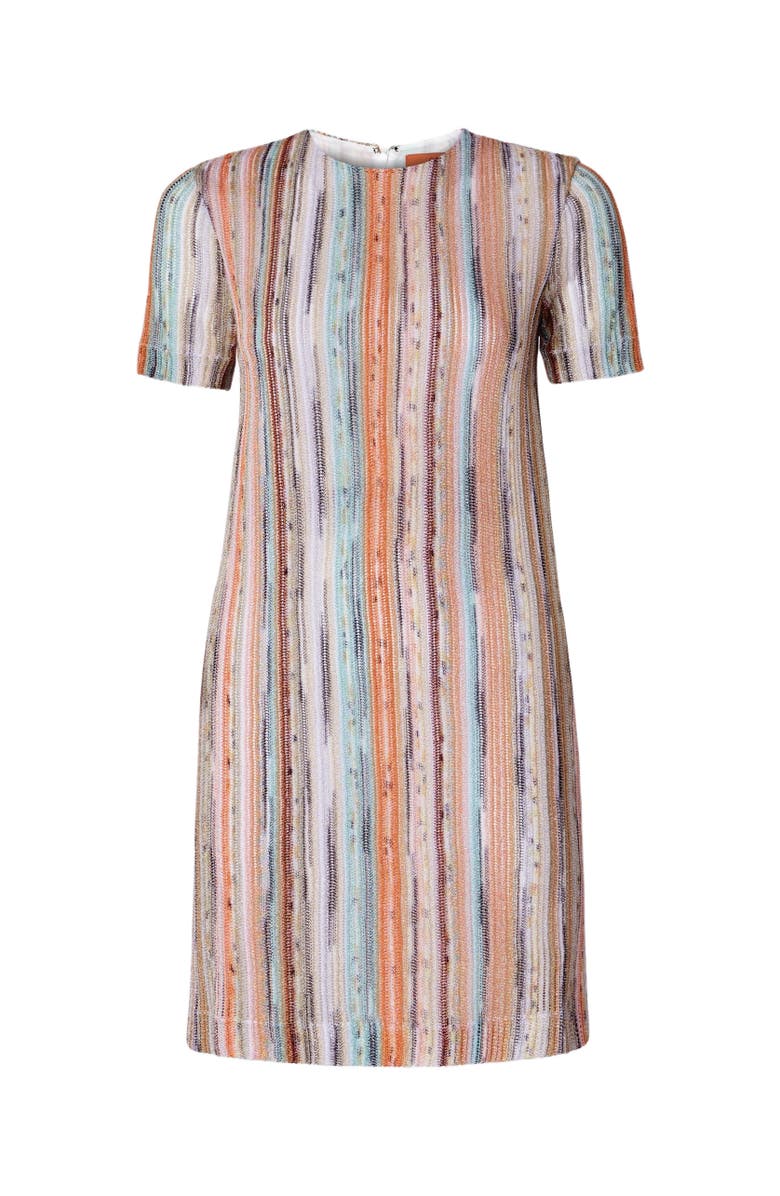 Missoni Short-sleeved Mini-dress In Striped Lamé Slub Viscose, Alternate, color, Orange Multi