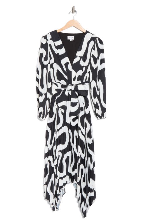 Milly Liora Ink Print Long Sleeve Pleated Midi Dress In Black