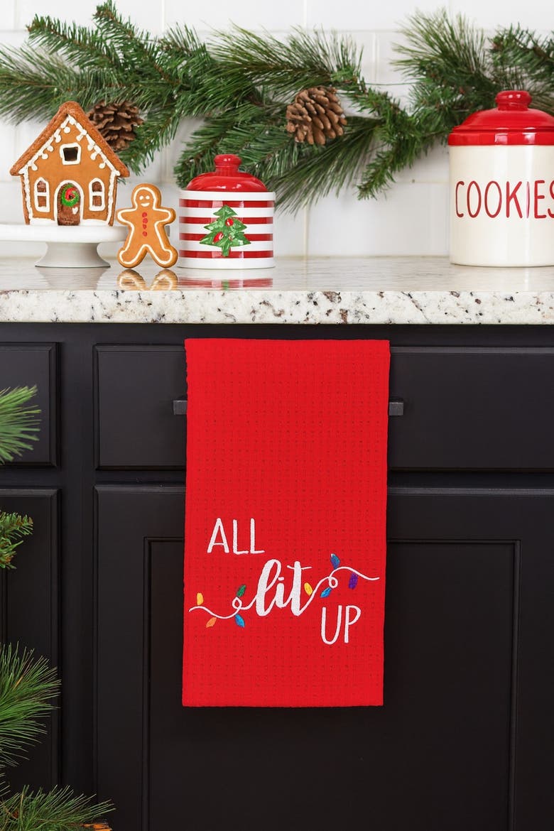 27" x 18" "All Lit Up" Sentiment Red Cotton Christmas Waffle Weave Kitchen Dish Towel Decor Decoration, Alternate, color, Red