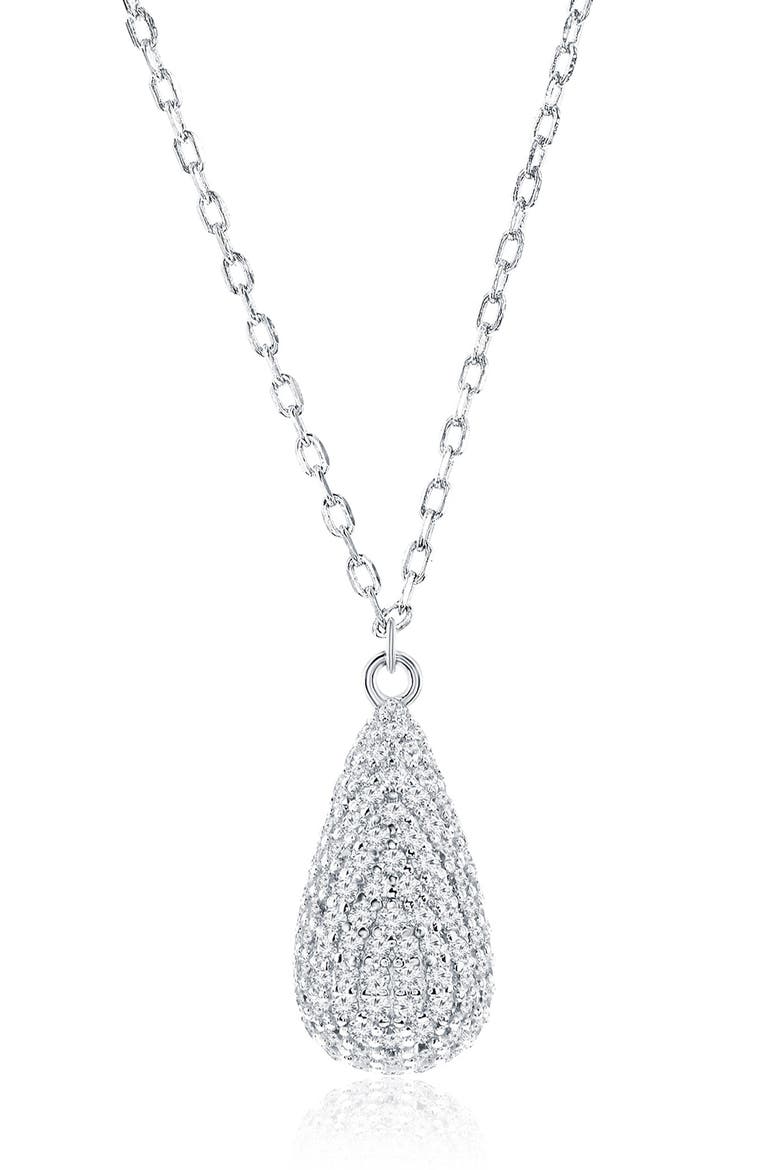 Sterling Silver Pavé Cubic Zirconia Pear Pendant Necklace, Main, color, SILVER