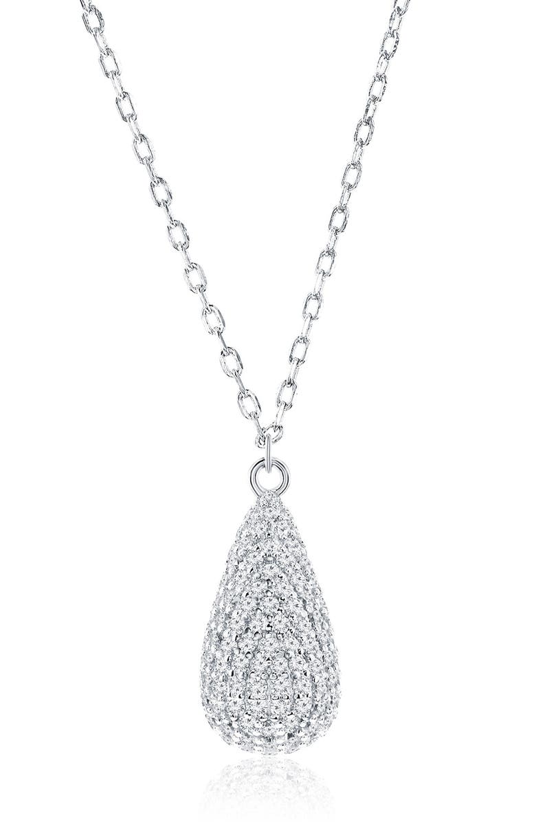 SIMONA Sterling Silver Pavé Cubic Zirconia Pear Pendant Necklace, Main, color, Silver