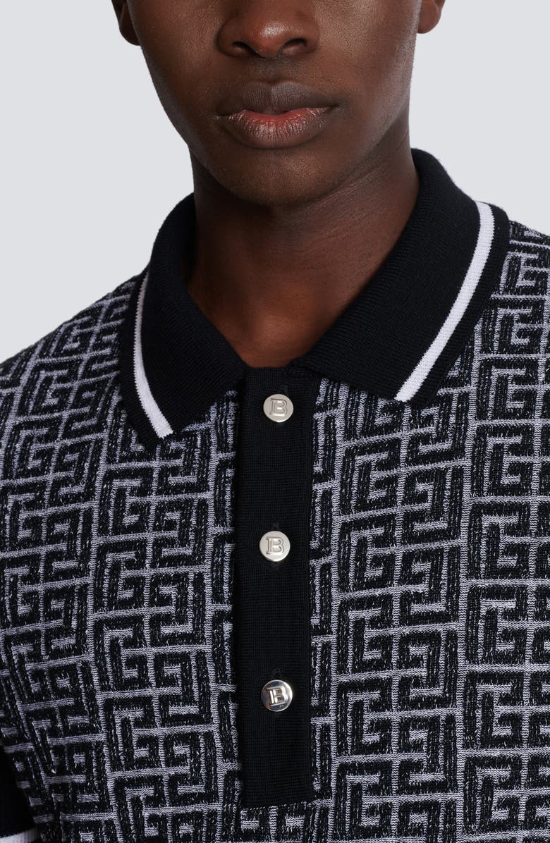 Balmain Monogram Jacquard Merino Wool Polo Sweater, Alternate, color, Gab White/ Black