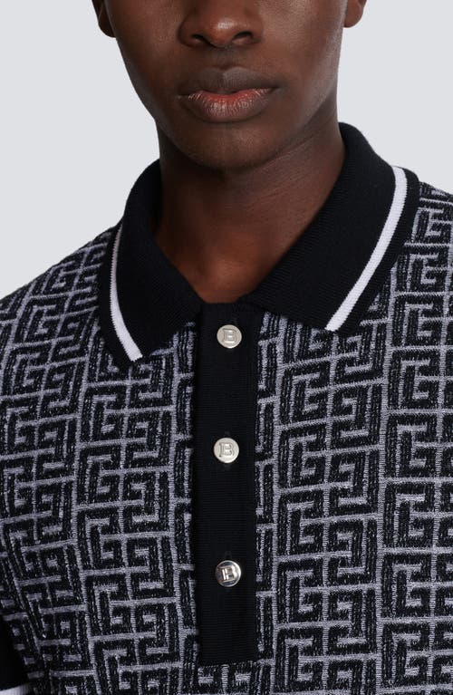 Shop Balmain Monogram Jacquard Merino Wool Polo Sweater In Gab White/black