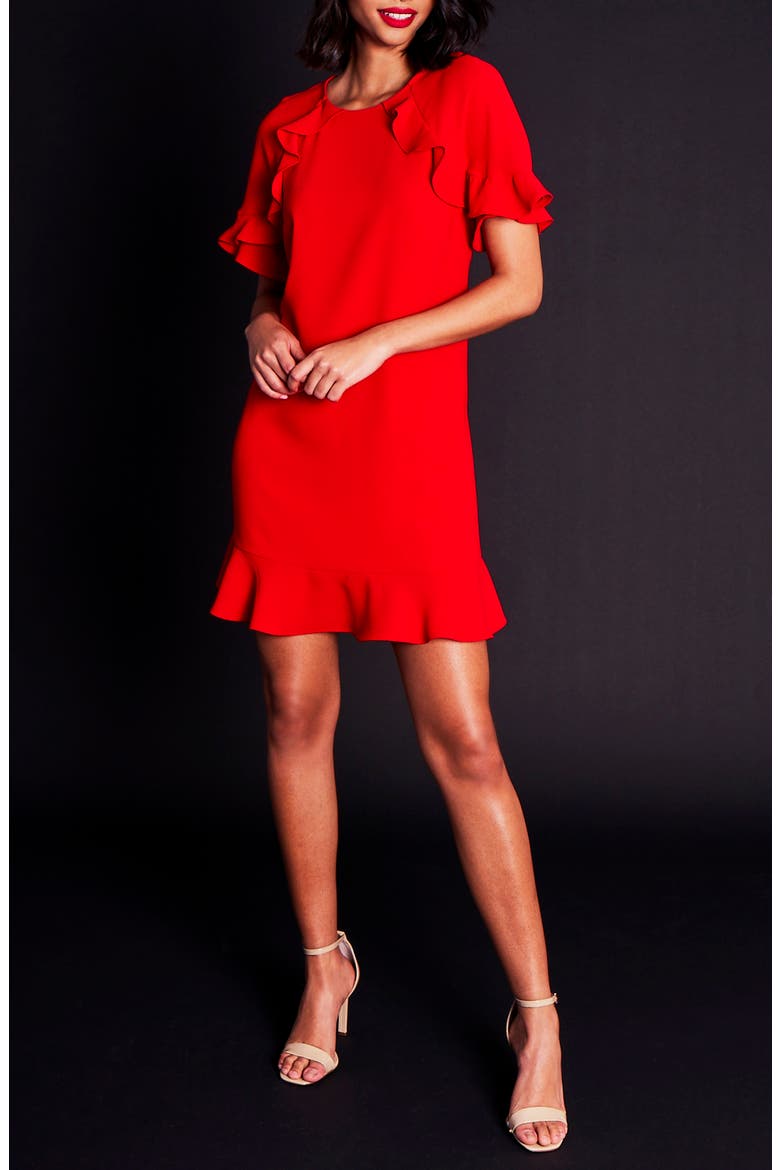 Ruffled Crepe Shift Dress, Alternate, color, LUMINOUS RED