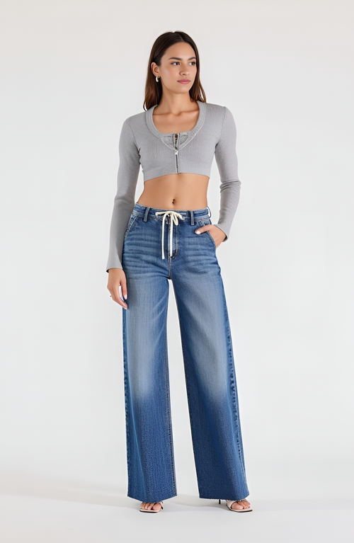 Modenaire High Waist Wide Leg Jeans With Statement Cuffs In Light Wash