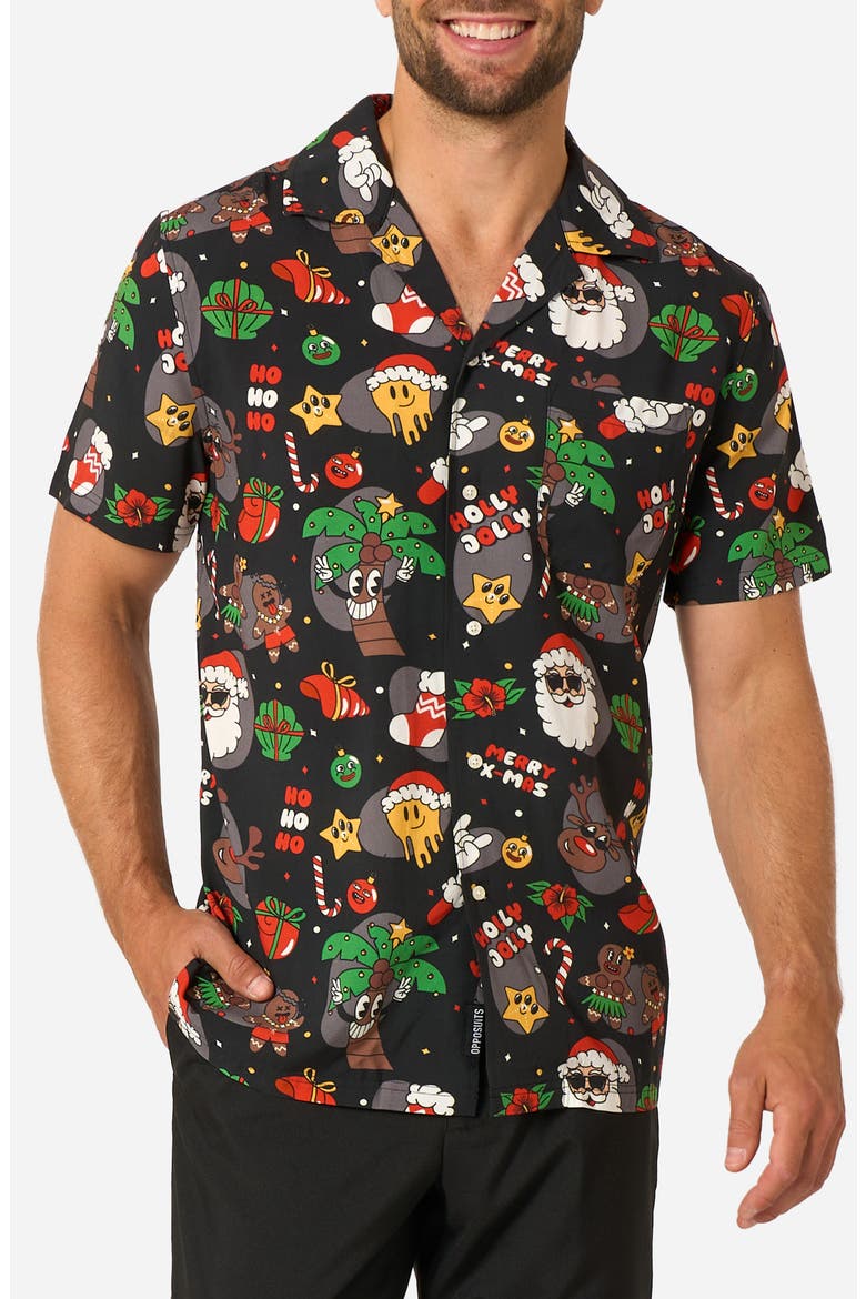 Merry Jinglejoy Camp Shirt, Main, color, BLACK
