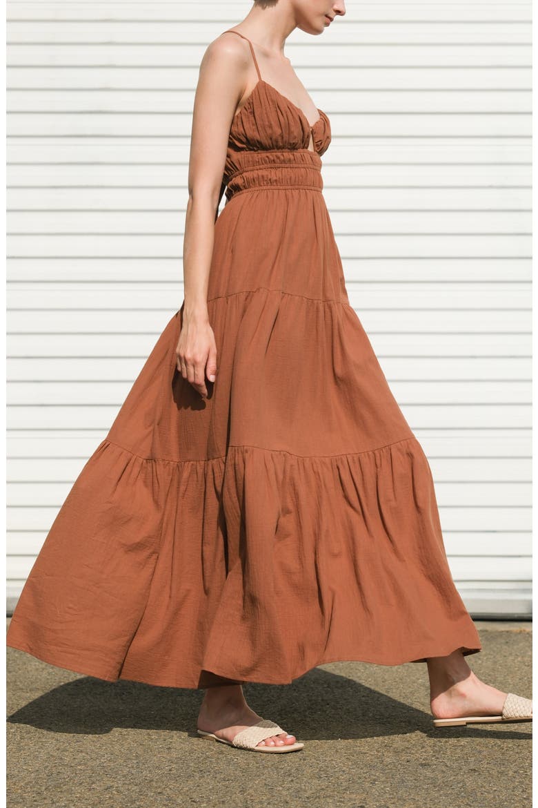 Solid Tiered Cotton Maxi Sundress, Alternate, color, BROWN
