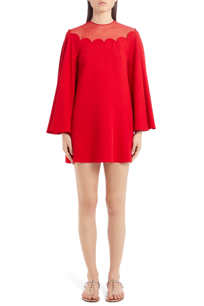 Scallop Neck Long Sleeve Silk Cady Minidress, Main, color, ROSSO