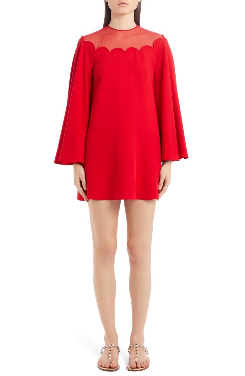 Valentino Scallop Neck Long Sleeve Silk Cady Minidress, Main, color,