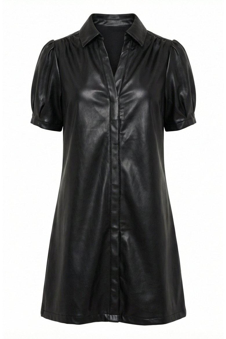 Faux Leather Puff Sleeve Shirt Dress, Alternate, color, Black