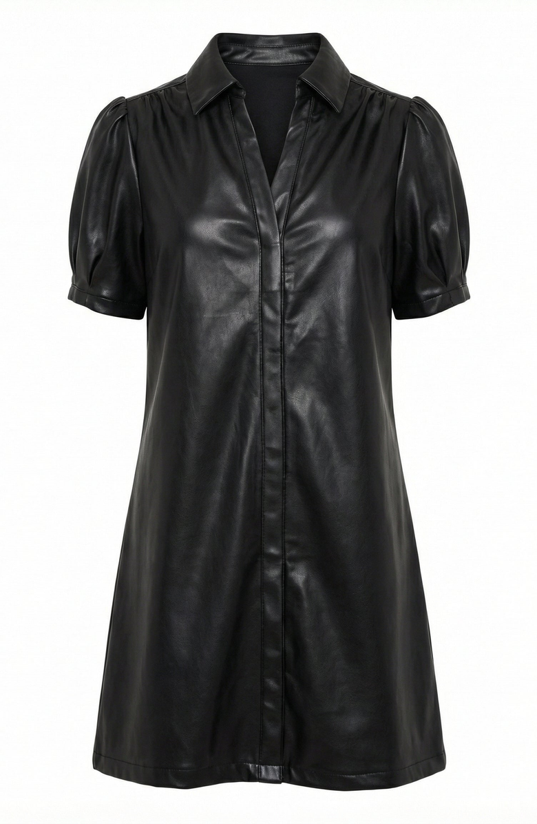 Modenaire Faux Leather Puff Sleeve Shirt Dress, Alternate, color, Black