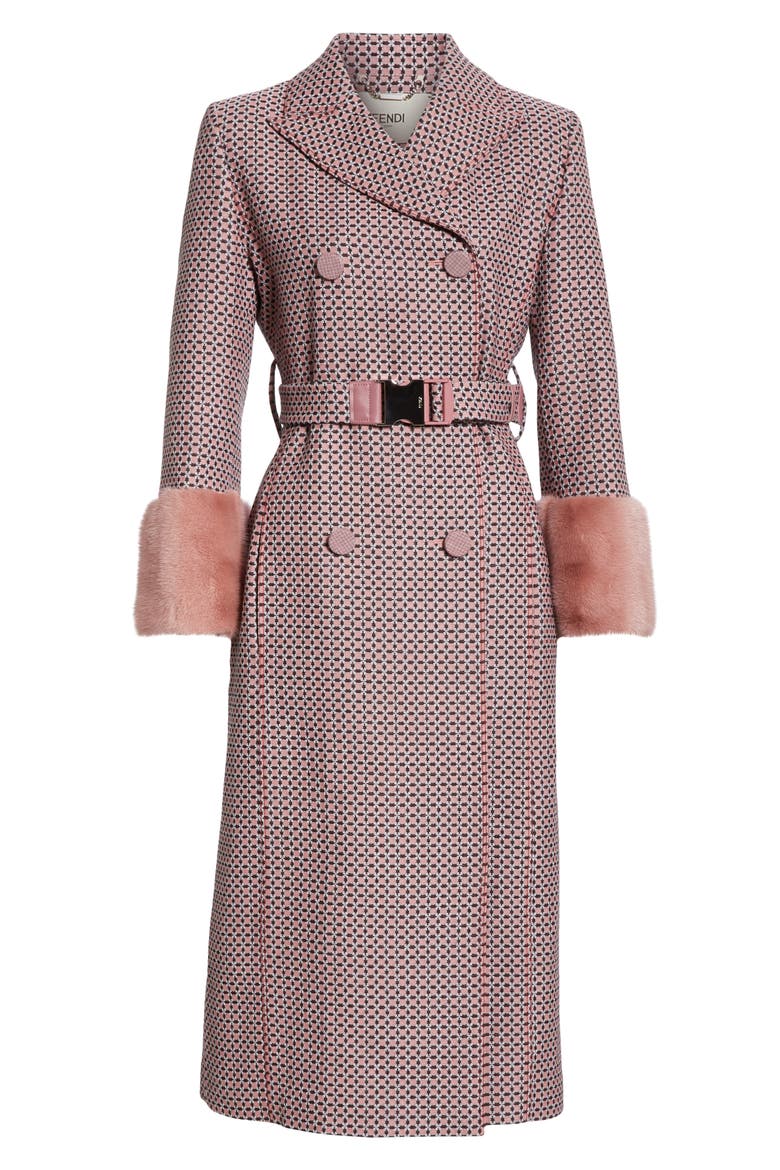 Romantic Tiles Double Breasted Coat with Genuine Mink Fur Cuffs, Alternate, color, ARUBA PINK