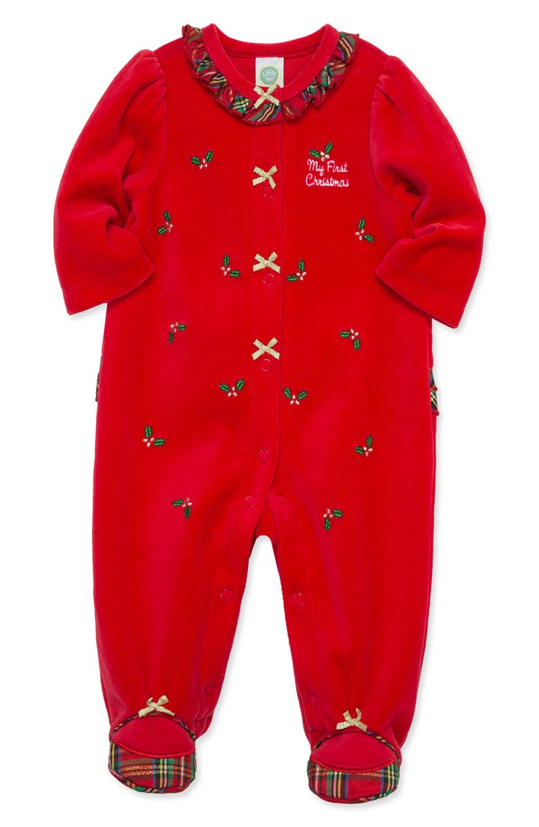 Little Me Holly Embroidered Plaid Trim Cotton Blend Velour Footie, Alternate, color, Red