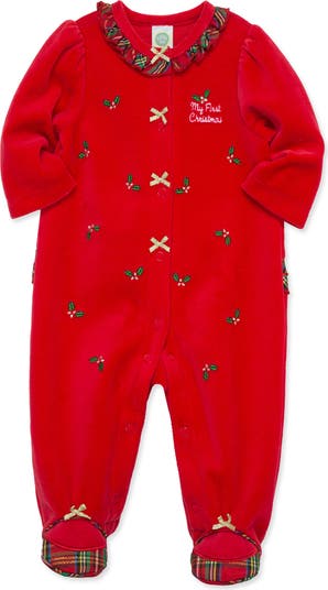 Holly Embroidered Plaid Trim Cotton Blend Velour Footie
