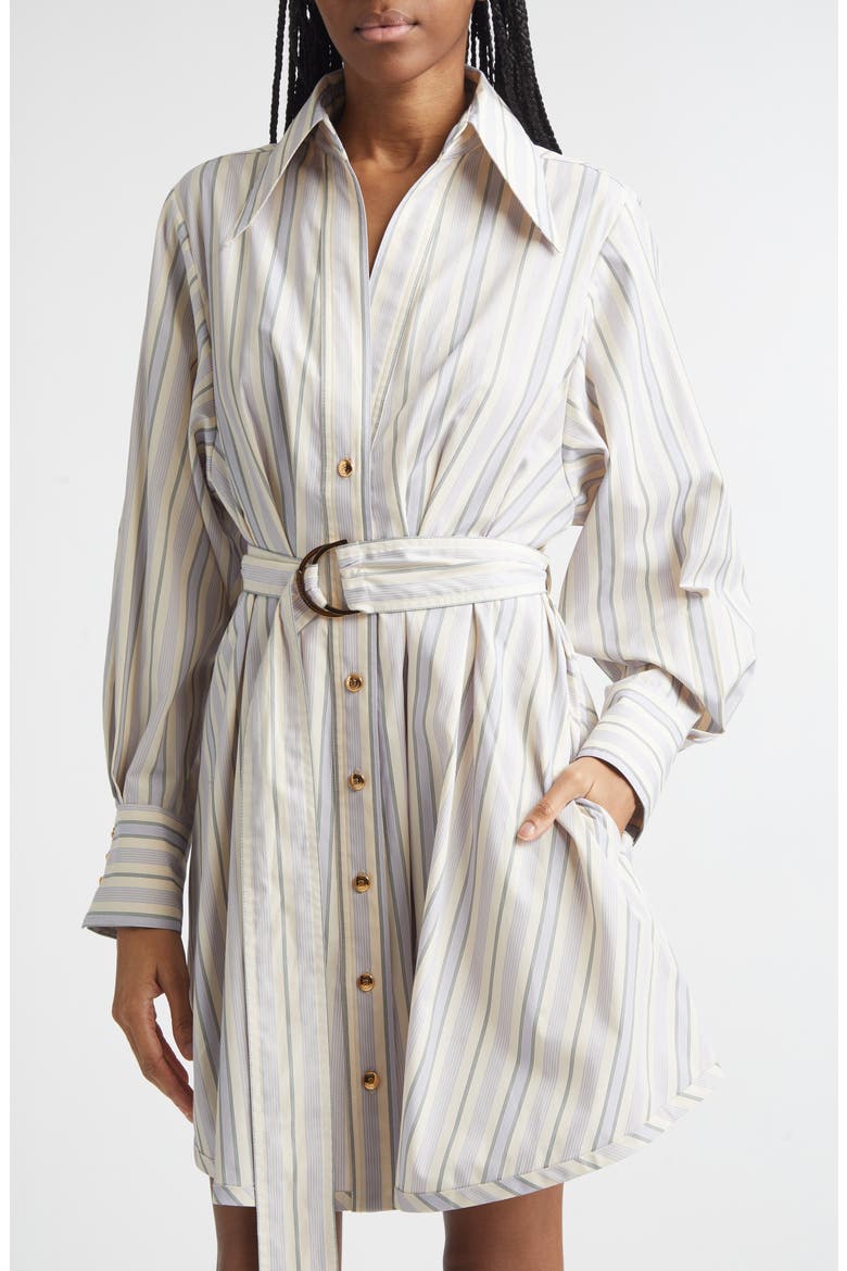 Stripe Tuck Long Sleeve Mini Shirtdress, Alternate, color, BLUE/ GREEN STRIPE