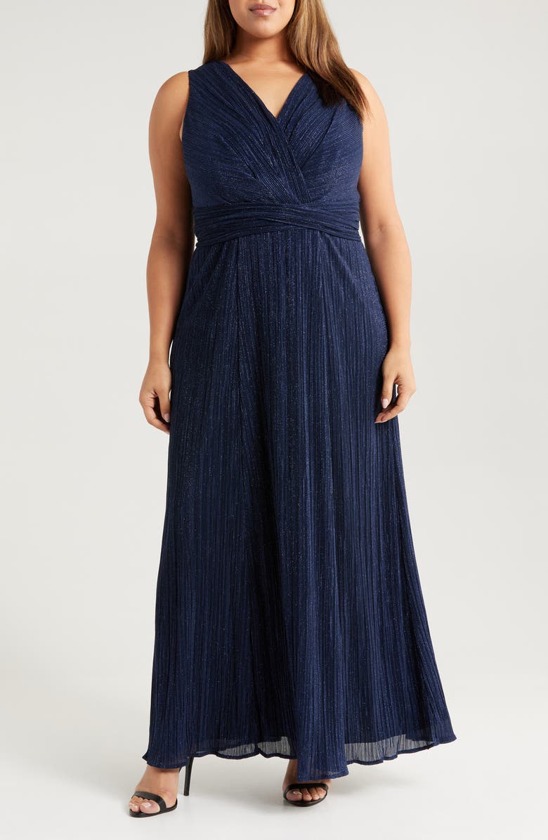 Alex Evenings Shimmer Mesh Sleeveless Gown, Main, color, Navy