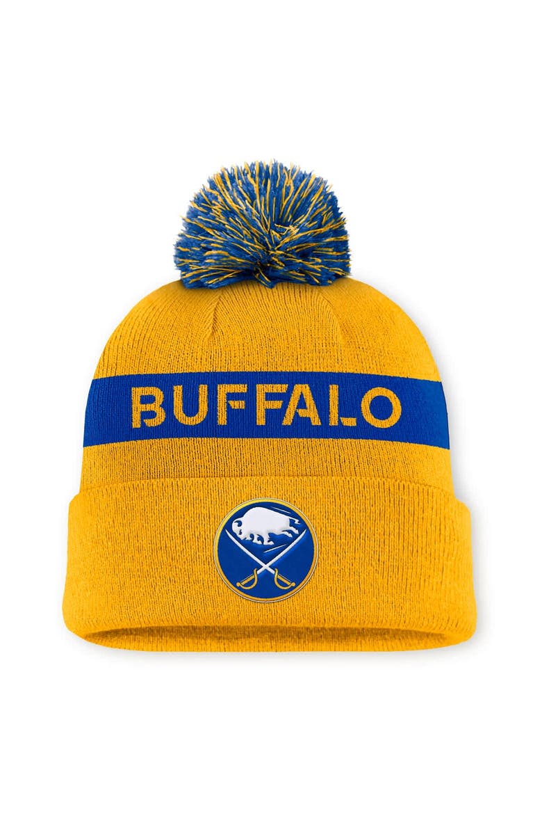 FANATICS Women's Fanatics Gold/Royal Buffalo Sabres Authentic Pro Rink Cuffed Knit Hat with Pom, Main, color, Gold