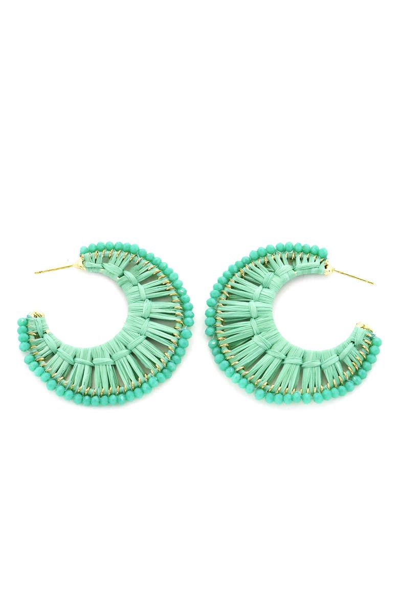 Panacea Mint Crystal Lined Raffia Hoop Earrings, Main, color,