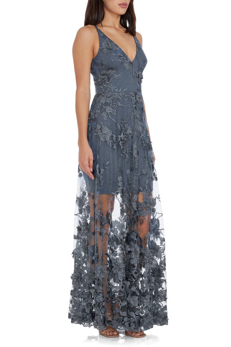 Sidney Deep V-Neck 3D Lace Gown, Alternate, color, STEEL