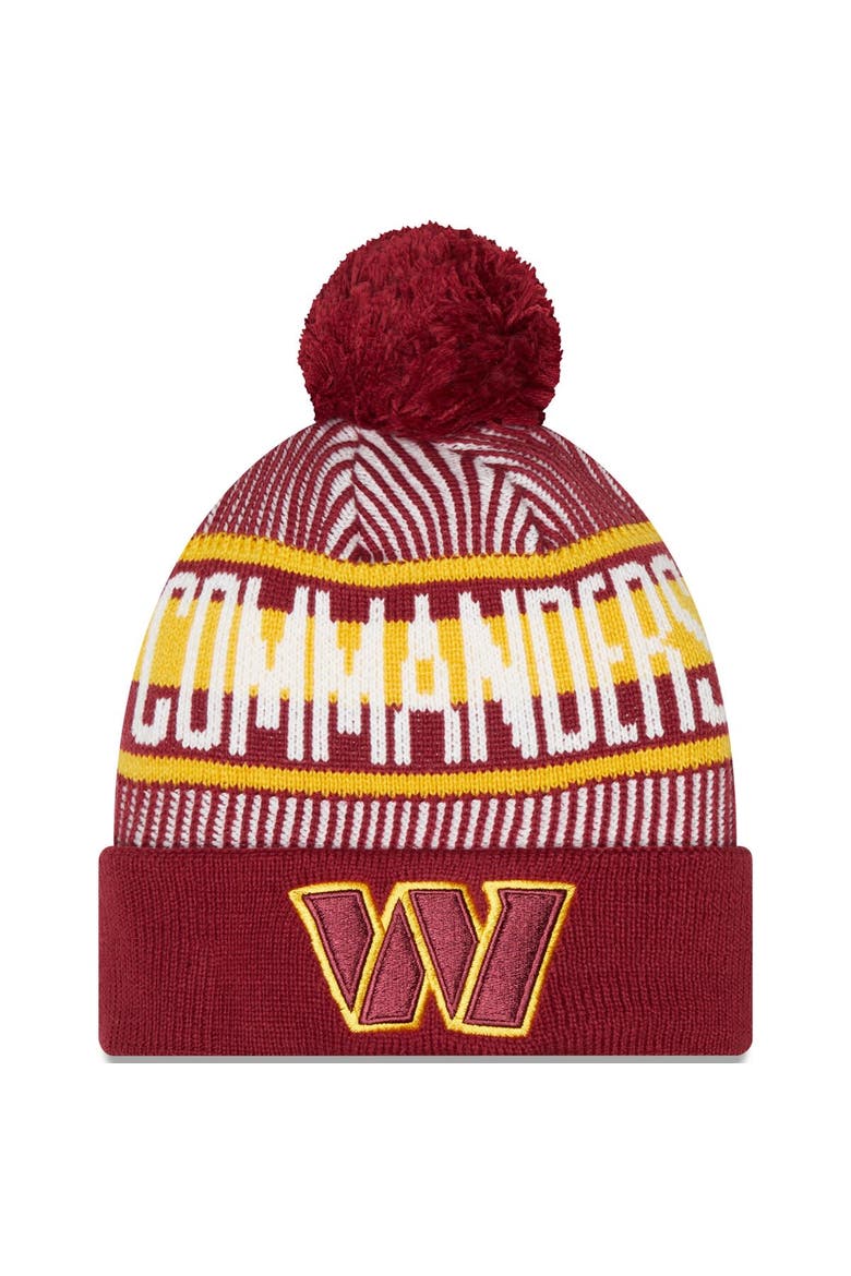 Men's New Era Burgundy Washington Commanders Striped Cuffed Knit Hat with Pom, Main, color, Burgundy