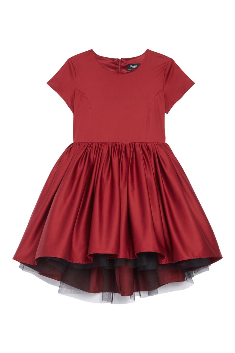 Evita High/Low Satin & Tulle Dress, Main, color, BURGUNDY