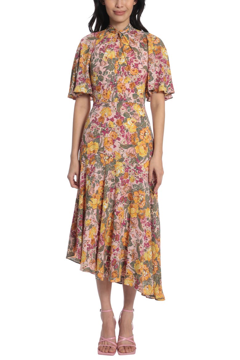 Floral Asymmetric Flutter Sleeve Midi Dress, Main, color, SOFT SALMON/ CARROT