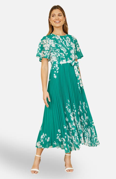 Mirror Floral Design Pleated Midi Dress