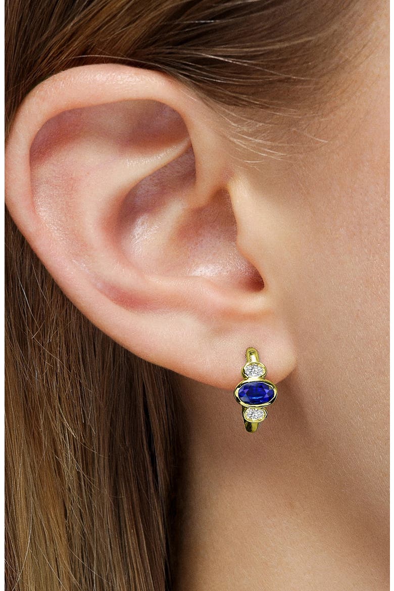 Three Stone Oval Cut Sapphire & Diamond Huggie Hoop Earrings, Alternate, color, SAPPHIRE