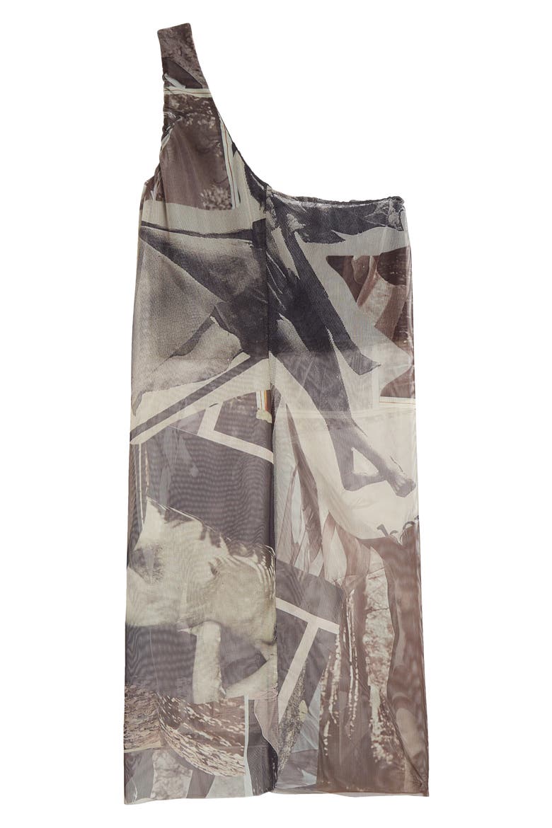 Float Print One-Shoulder Stretch Recycled Polyester Blend Mesh Minidress, Alternate, color, BEIGE MULTI