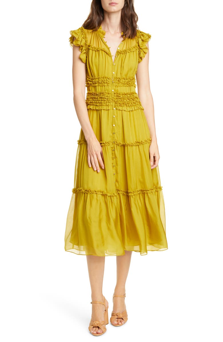 Ulla Johnson Rosalind Ruffle Tier Silk Midi Dress, Main, color,